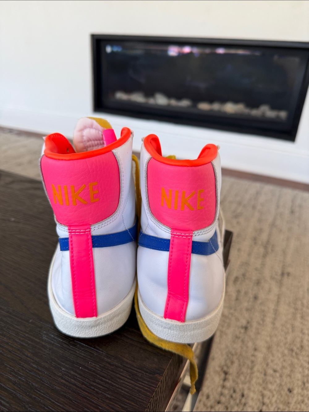 Nike women’s White High-Top Sneakers with Blue Swoosh, Pink Heel & Yellow Laces